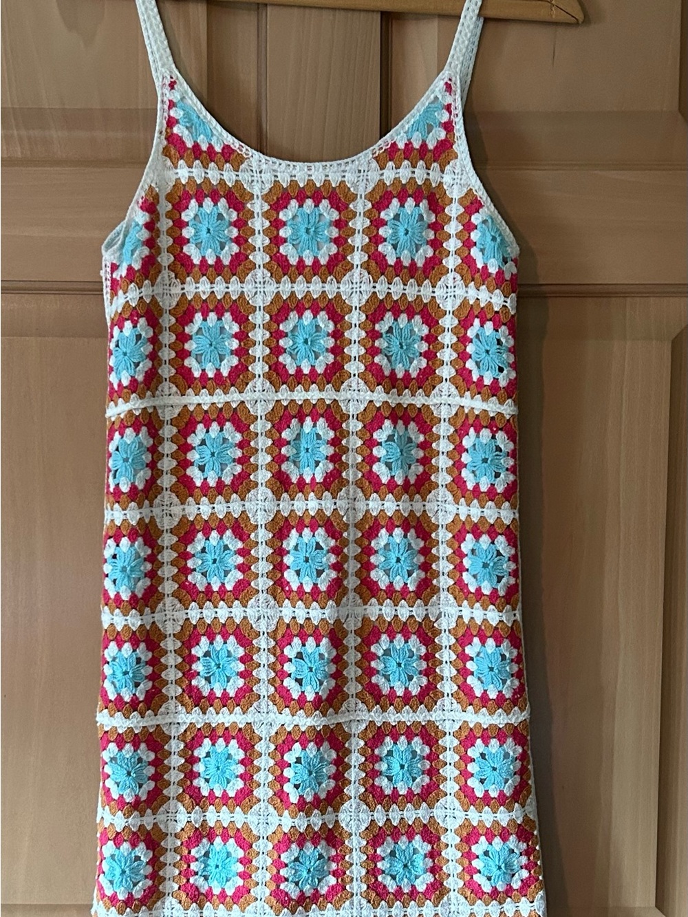 Willow & Wind Crochet Granny Square Mini Dress Size S Bright Boho Festival Retro